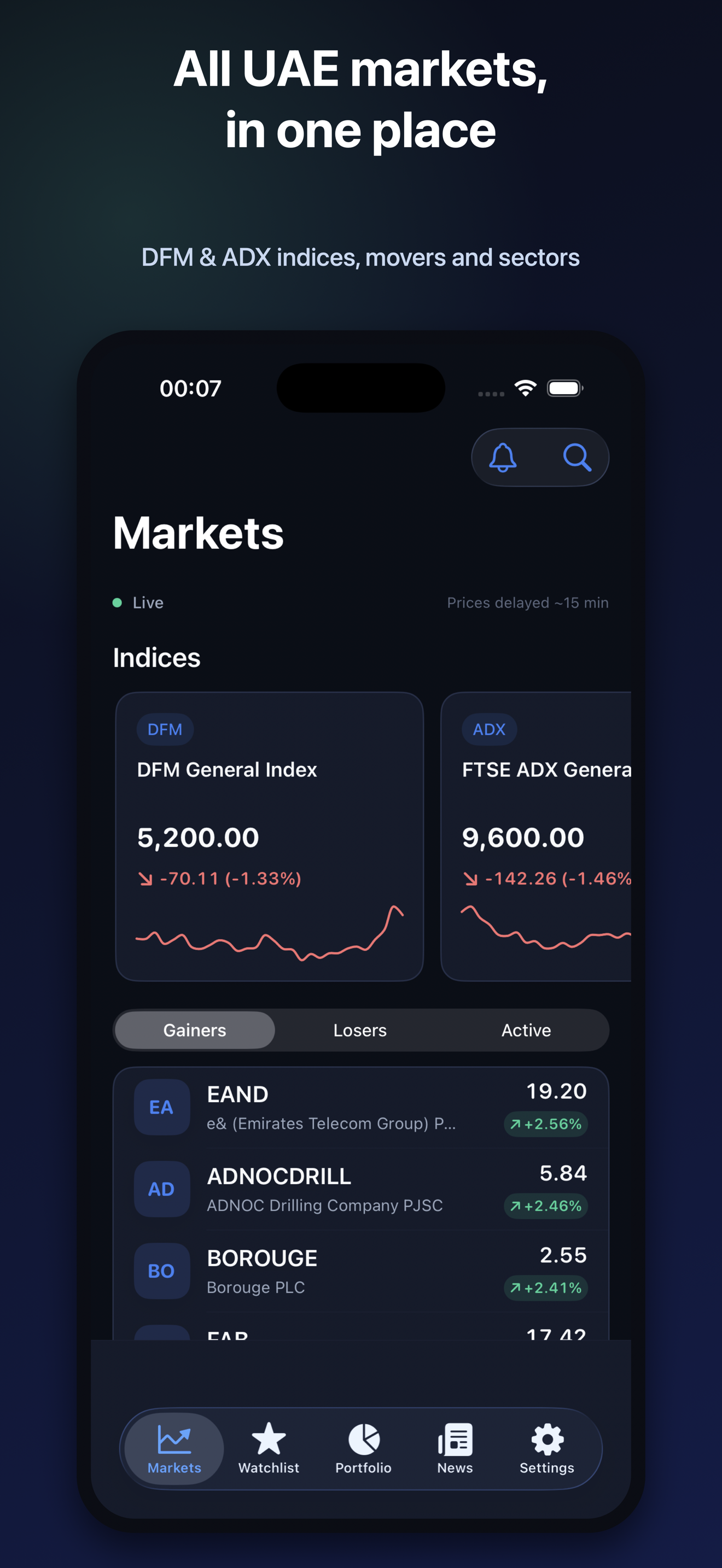 UAE Stocks markets screen showing DFM and ADX indices, gainers and losers