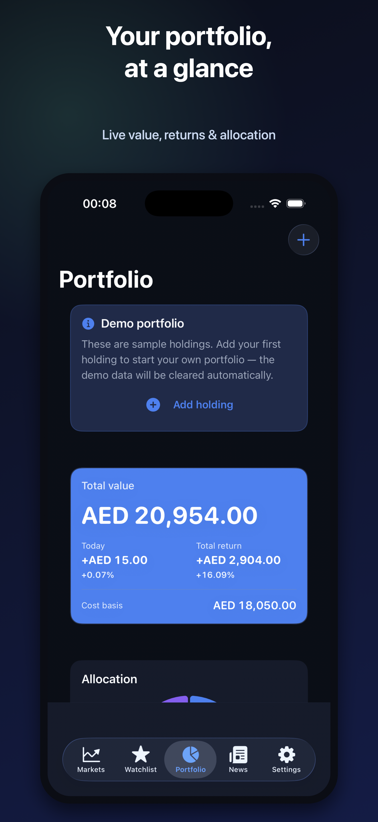 Portfolio screen with total value, returns and an allocation donut
